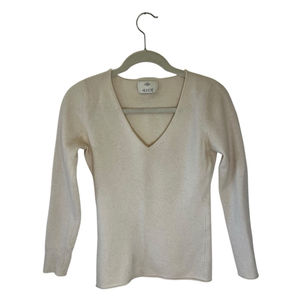 ALLUDE 100% Cashmere Cream V-Neck Sweater Size S Classic Luxury